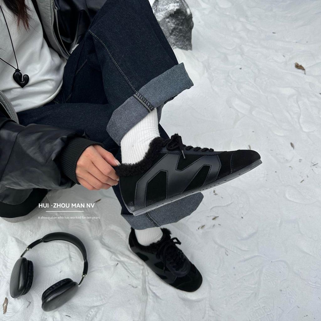 Cowhide Version~ Genuine Leather Retro Versatile Splicing German Training Shoes Women's Velvet Warm Casual Sports Shoes Heightening Forrest Gump Shoes