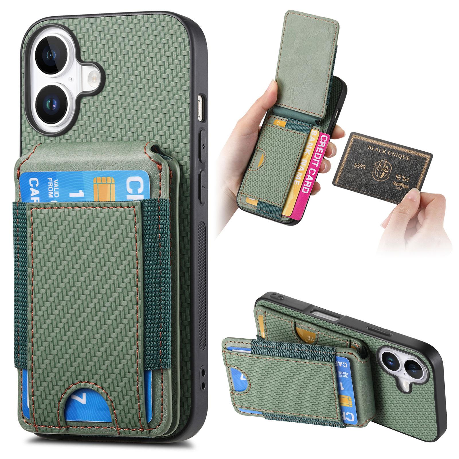 

C1-12 For iPhone 16 Case Card Holder Leather+PC+TPU Kickstand Phone Cover Green