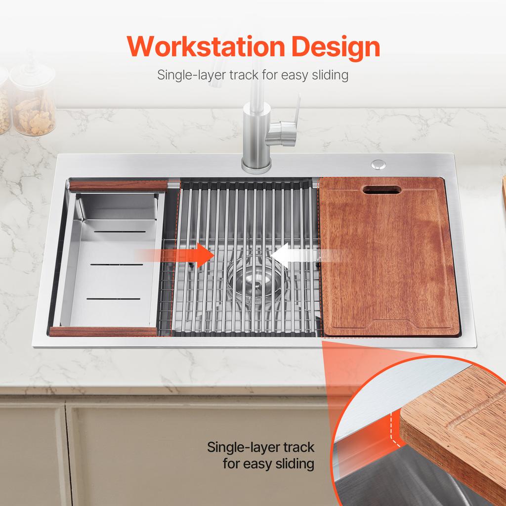 SucceBuy Kitchen Sink Workstation Stainless Steel Top Mount Sink DropIn Single Bowl Farmhouse Basin w/Ledge&Multiple Accessories