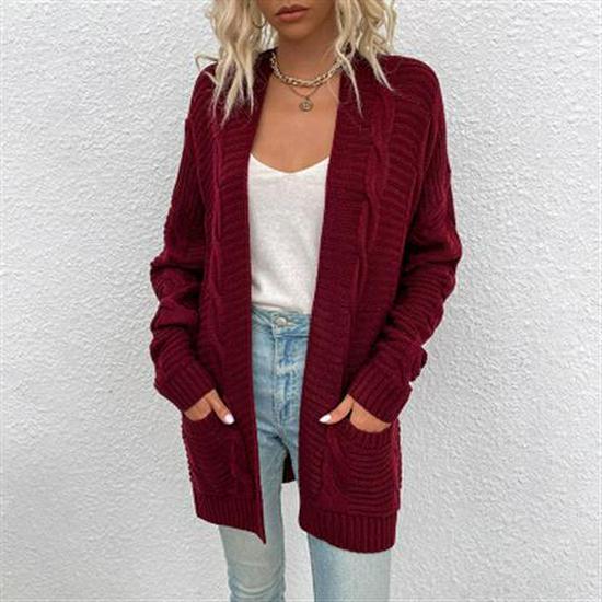 Women's Cable Knit Cardigan - Mid-Length, Twisted Rope Design for Autumn/Winter 2023