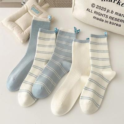 5 Pairs of New Female Spring and Summer Striped Heel Cloth Label Long Tube Pile Socks