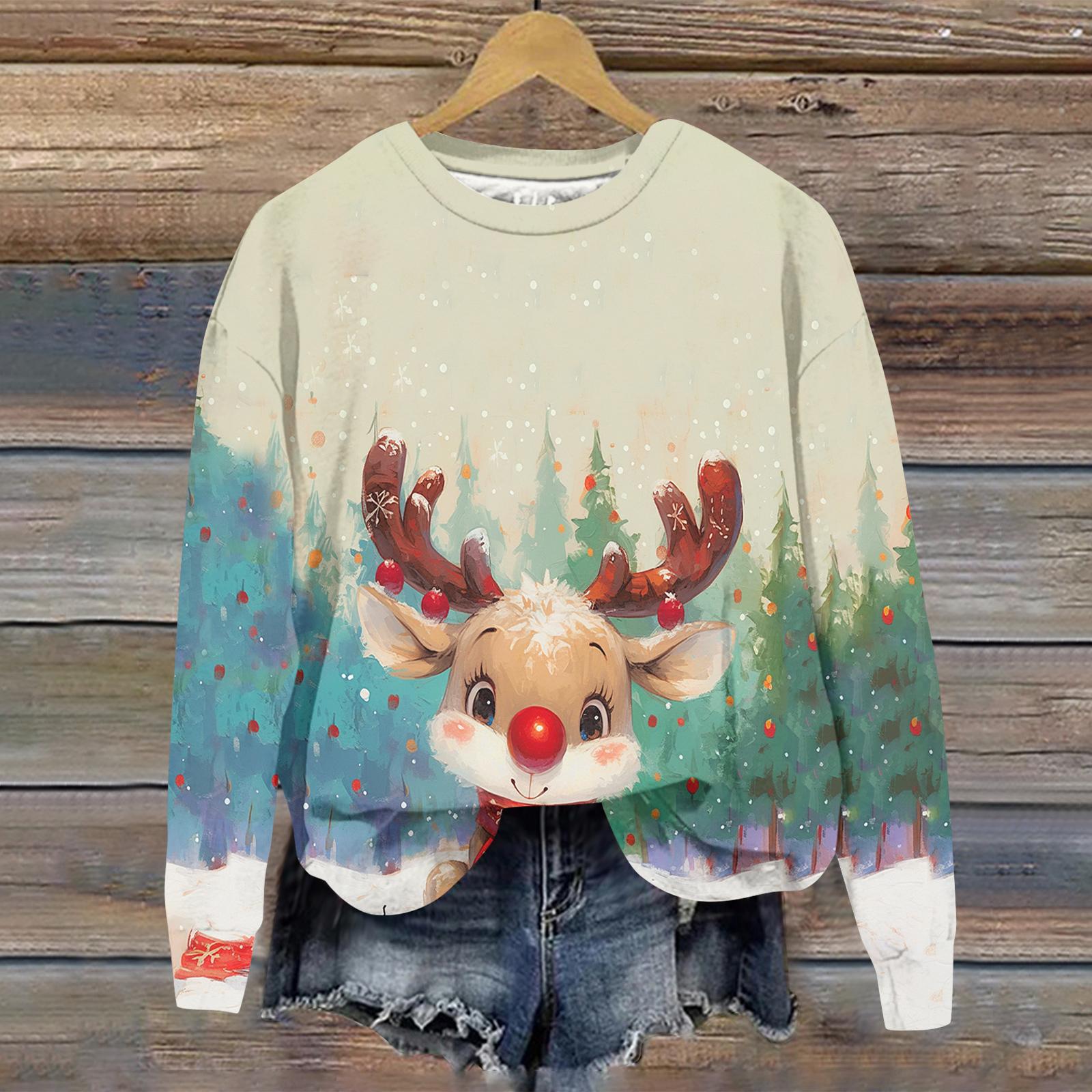 

Женская толстовка с рождественским принтом, с длинным рукавом и круглым вырезом, свободный топ L