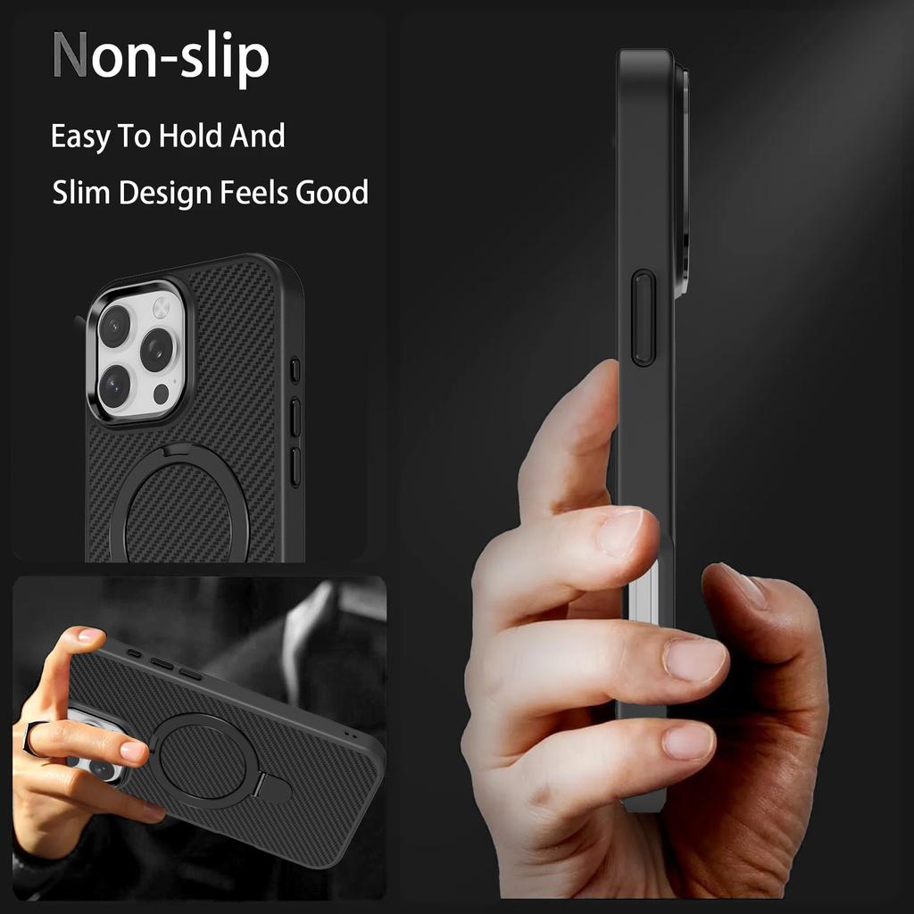 For iPhone 11 12 13 14 15 16 Pro Max Plus Phone Case Magnetic Metal Stand Kevlar Pattern Carbon Fiber Anti Drop Slim Cover