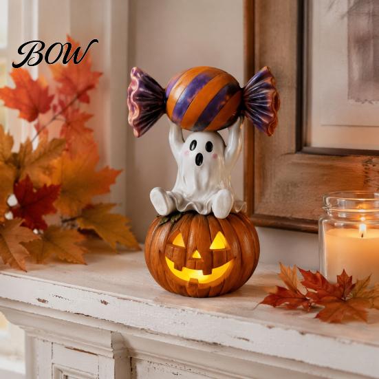 Halloween Party Supplies Ghost Figurine, Cute Sitting on Pumpkin Holding Candy Whimsical Statue Statue, Spooky Resin Table Ornament for Indoor Mantle