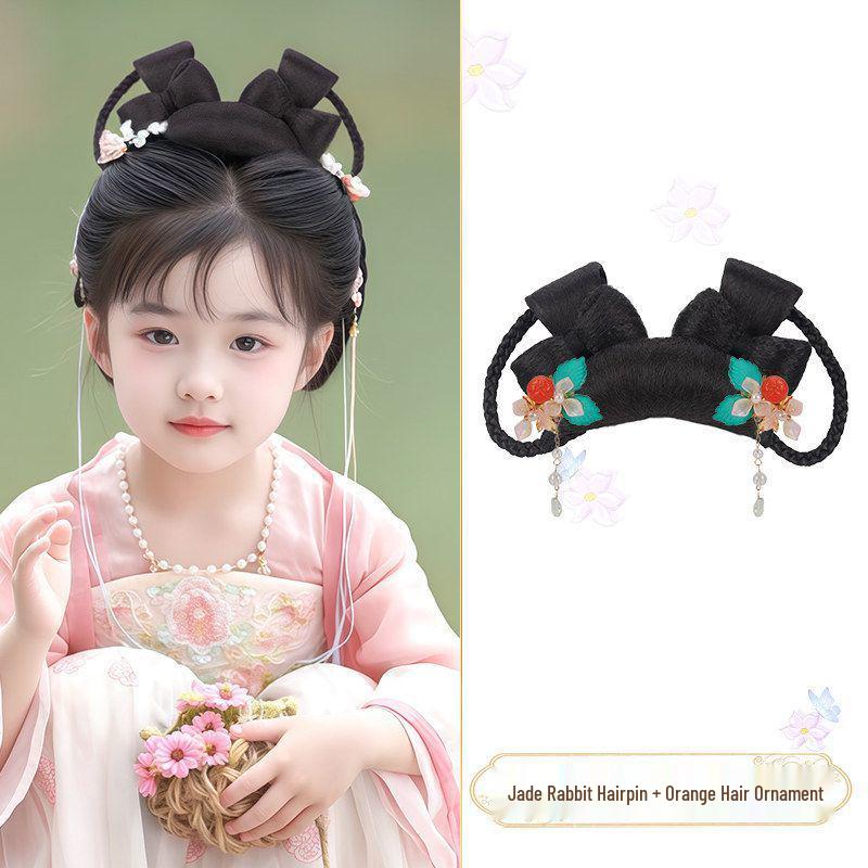 Jade Rabbit Hanfu Wig: Children's Ancient Style Tang Dynasty Updo with Hair Padding and Bun Headdress