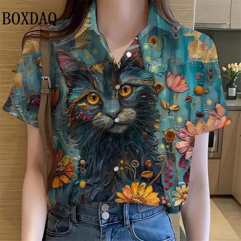 Womens Shirts Artistic Cute Cat Printed Casual Hawaiian Short Sleeve Button Beach Shirt Summer New Blouse Women's Clothes 2025