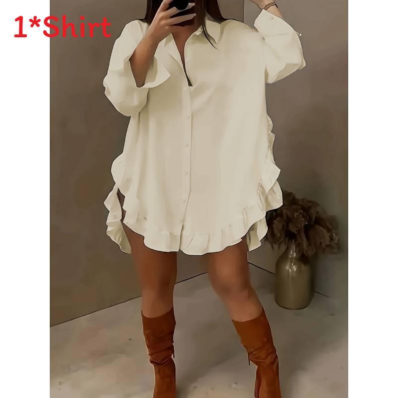 Pure Color Loose Fit Shirt With Ruffle Hem And Long Sleeves For Summer Casual Wear