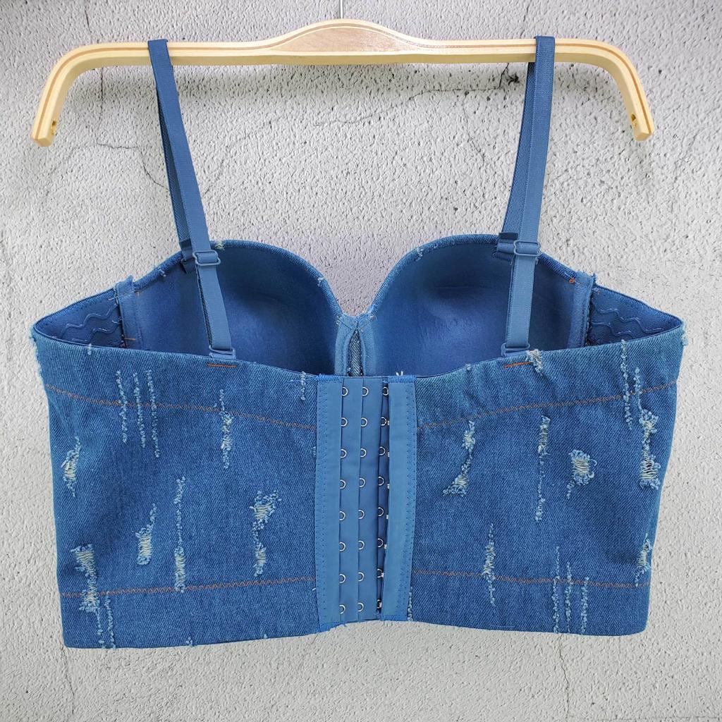 Ripped Fashion Trendy Denim Straps Tank Top Size-specific Wrap-around Underwire Women's Clothing Top Lace-up Vest Backless Camis & Tank Tops