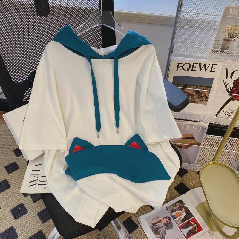 Women's Plus Size Korean Style Casual Loose Short Sleeve Hooded T-Shirt - Summer Design