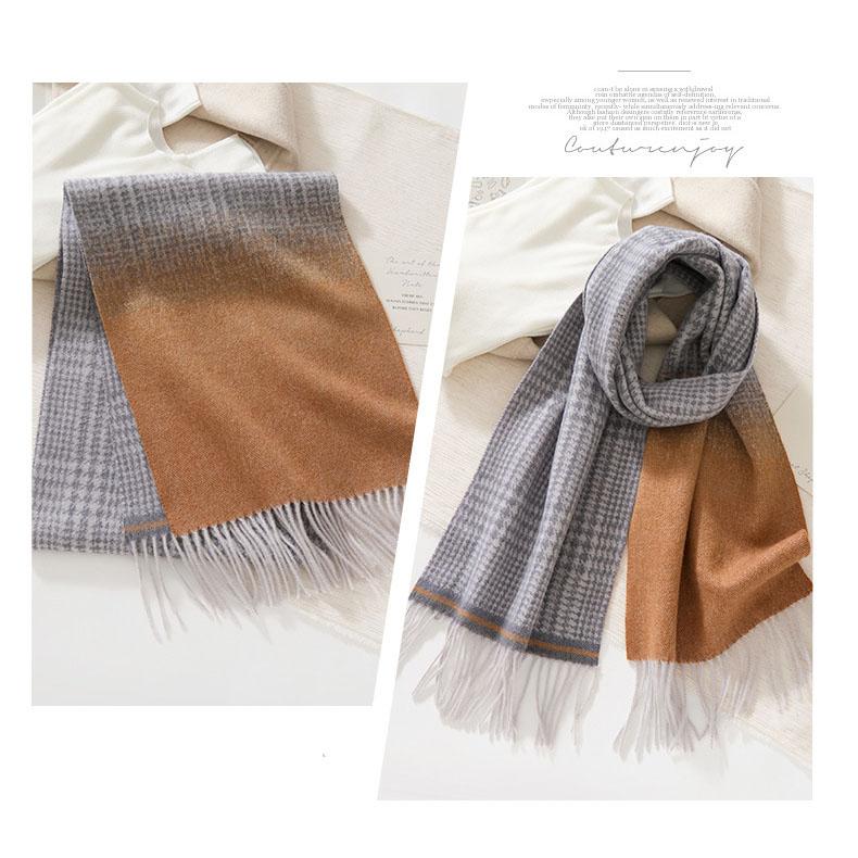 30*190CM Luxury Ombre Houndstooth Wool Scarf - 100% Pure Cashmere Feel Wrap, Women's Winter Plaid Neckwear, Multi-purpose Shoulder Shawl
