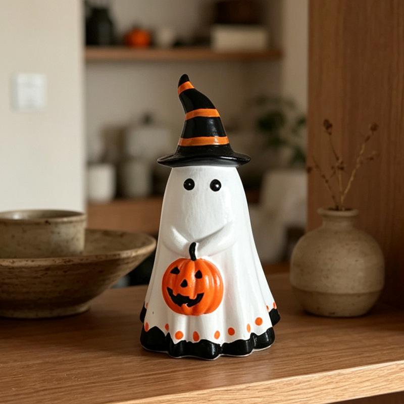 Halloween Resin Ghost Figurine Cute Witch Hat Pumpkin Decor Home Party Ornament