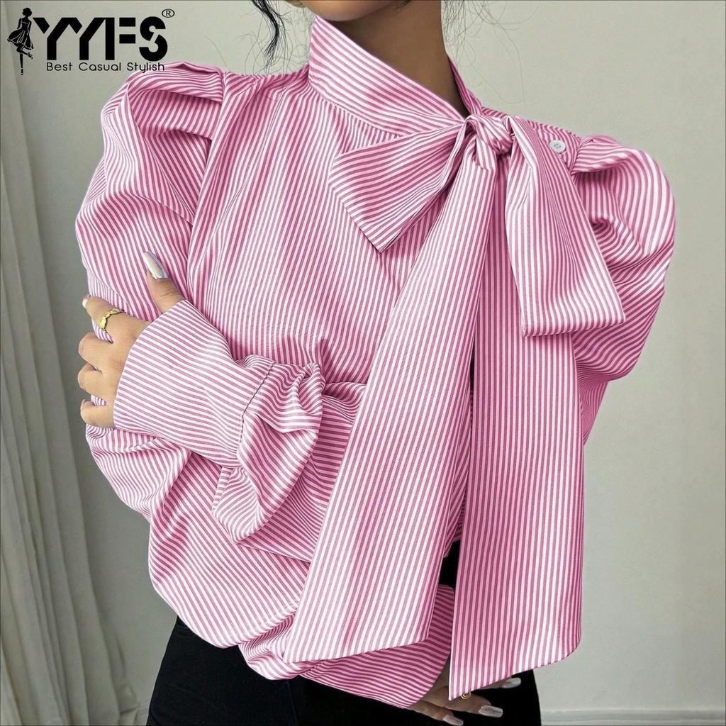 YYFS Moda Donna Casual Primavera Autunno Stampa a Righe Manica Lunga Camicie & Bluse