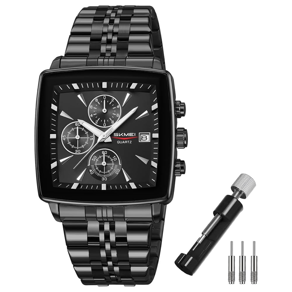 SKMEI Men s Square Analog Watch Black Stainless Steel Waterproof Business Casual Chronograph Big Face