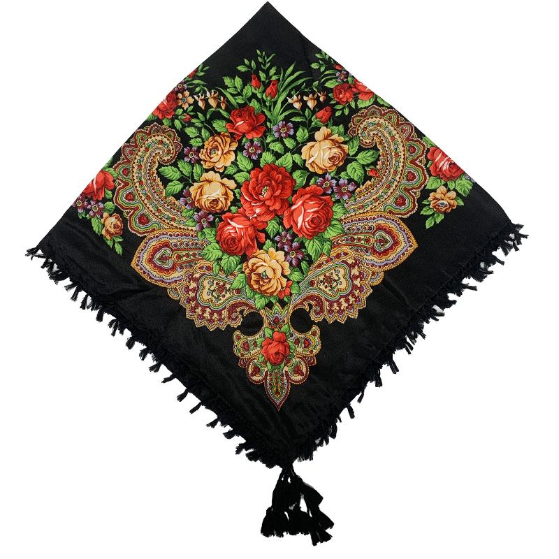 90*90cm Short Tassel Floral Print Russian Square Scarf Women Luxury Flower Printed Bandana Shawl Ukrainian Babushka Head Wraps