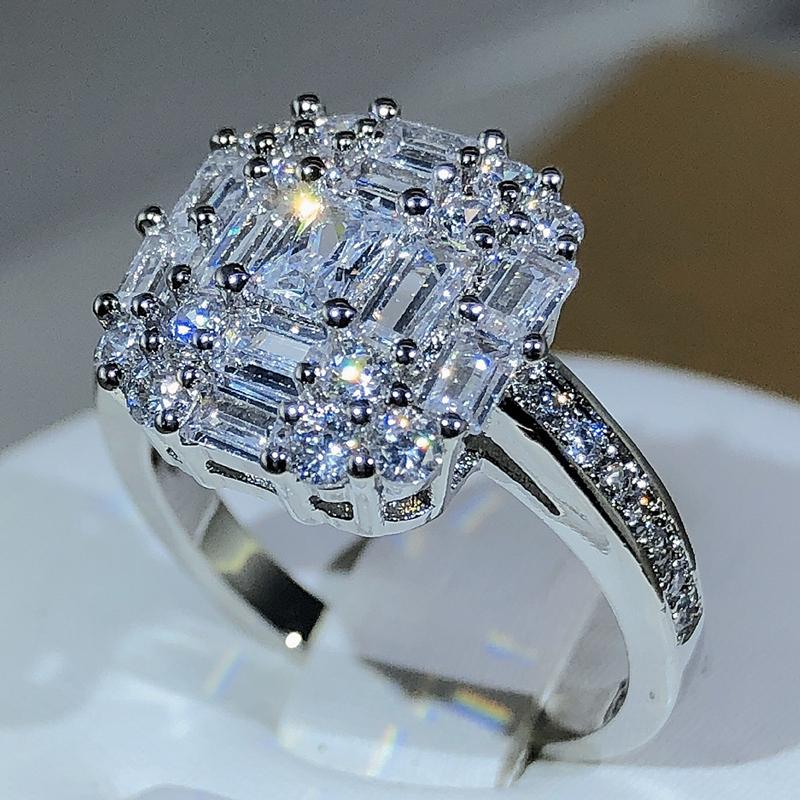 Exquisite Square Zircon Countless Claw Rings  Sterling Silver For Ladies Fashion Jewelry Party Cocktail Gift