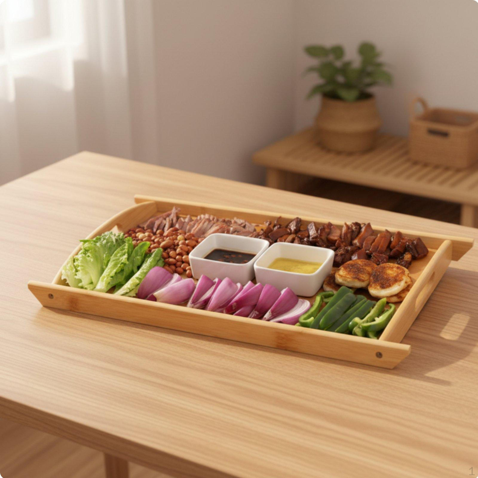 Bamboo Serving Tray with Handles Multipurpose Rectangular Wooden Food for Dining Room, Kitchen S