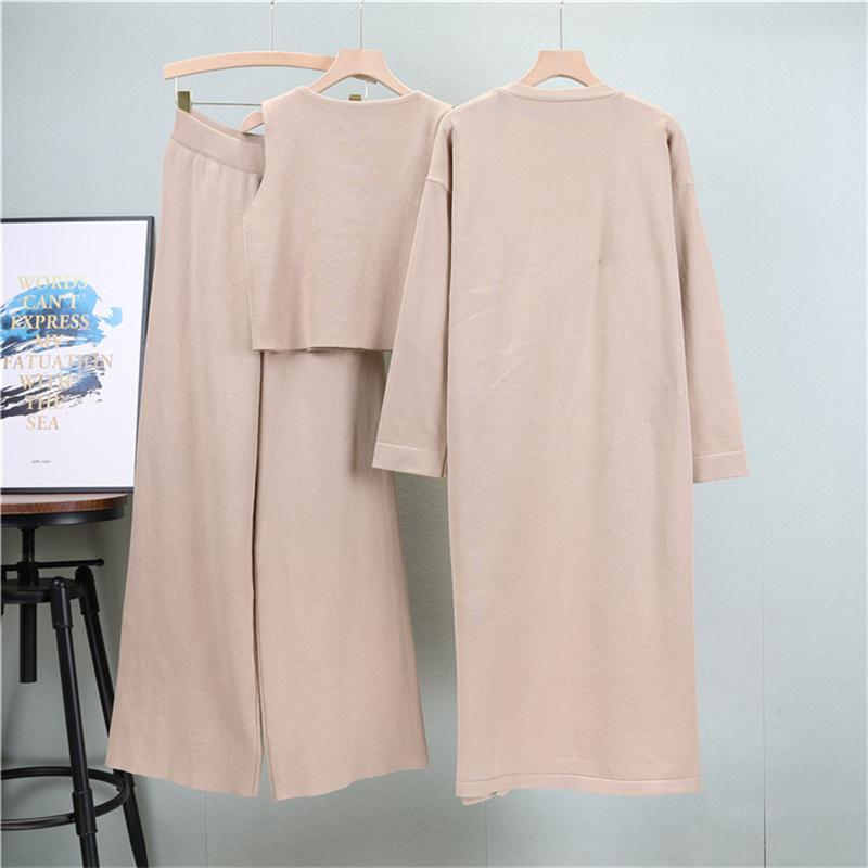Women'S Spring Loose Knitted Set Long Shawl Cardigan Sweater Tank Top Wide Leg Pants 3 Piece Set