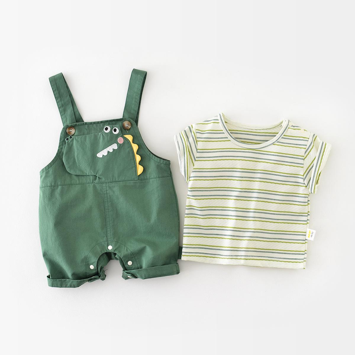

Abao Nannan Green Stripe Dinosaur Summer Set for Infant & Toddler – Korean Style Short Sleeve Two-Piece for Boys & Girls. 90 CM