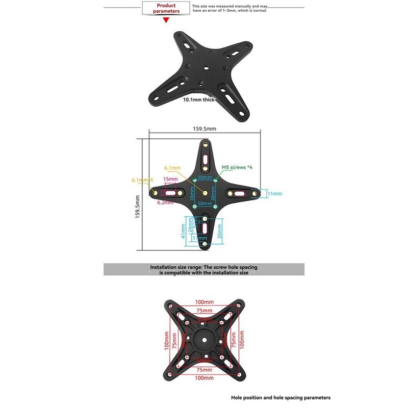 Univerzálny prenosný držiak monitora s adaptérom, doska s guľovou hlavou 1"/1,5" pre 100x100mm 75x75mm, Montáž na nástenné rameno