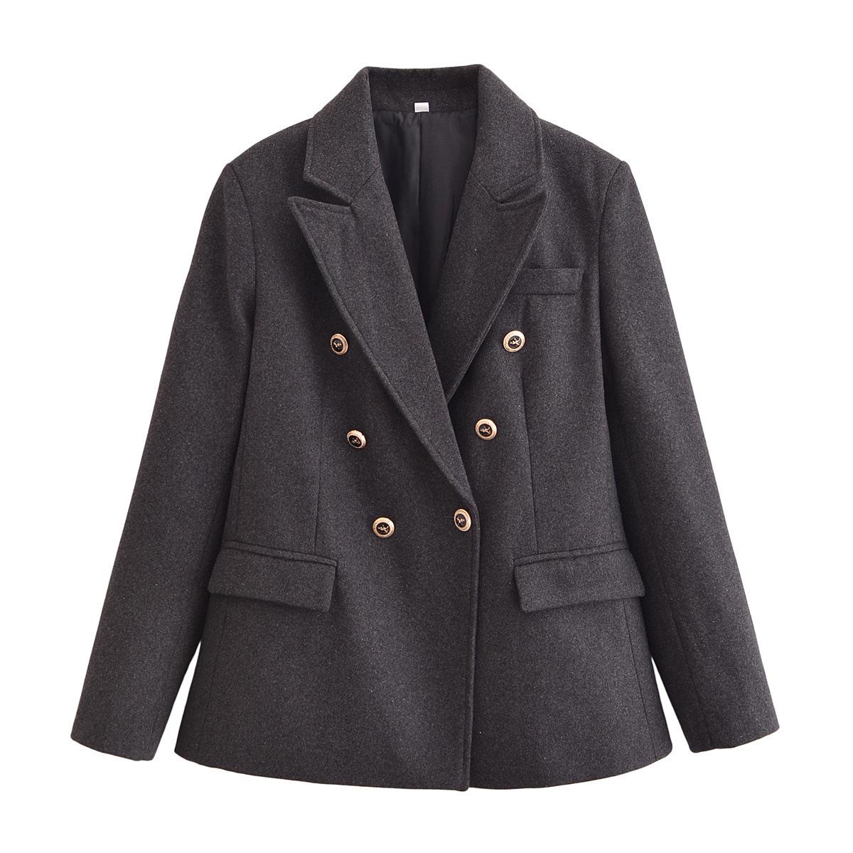 

2024 Зимний женский европейский и американский двубортный пиджак с подплечниками Medium темно серый