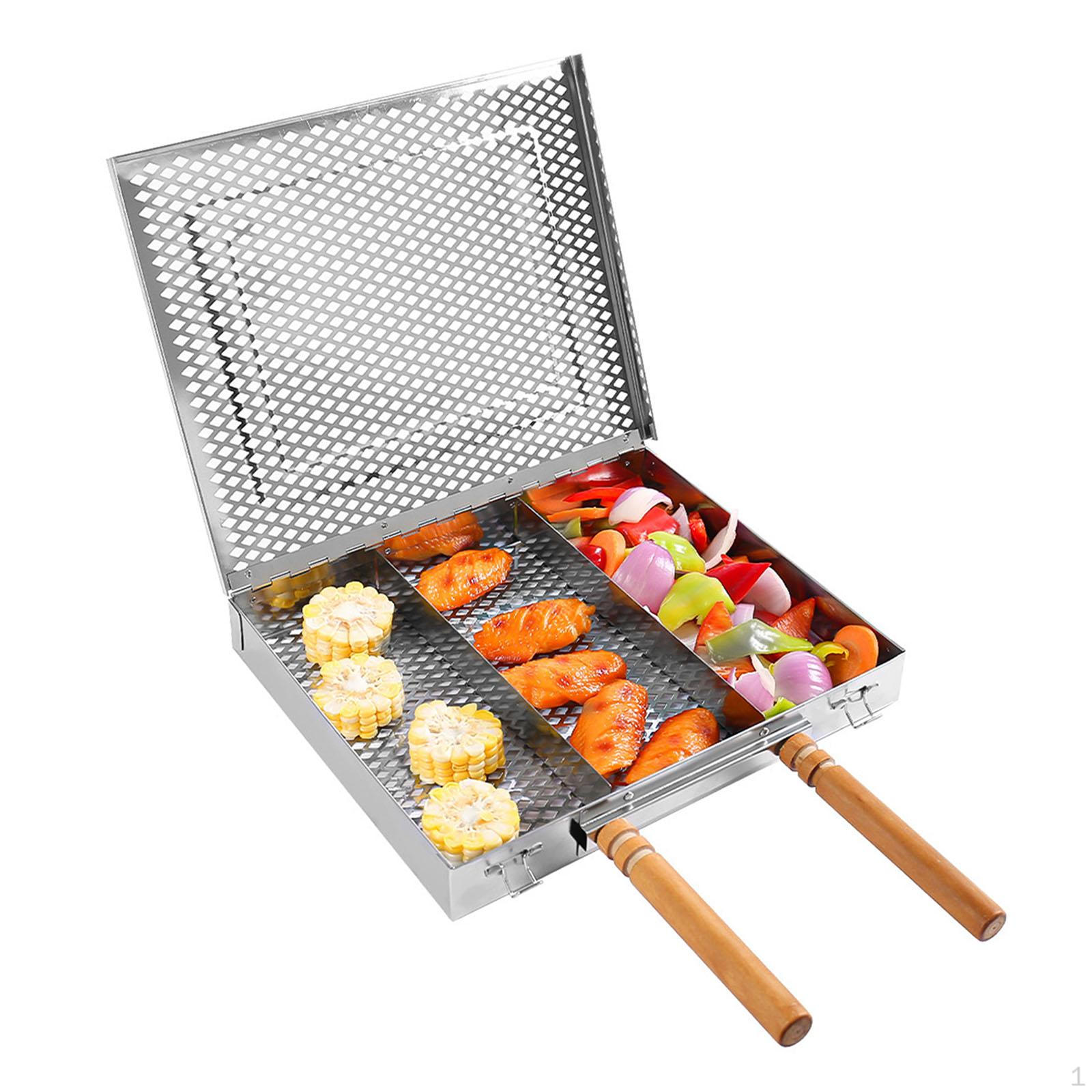 

Grill Basket BBQ Fish Grilling Lightweight Two Wood Handle Accessories Net Clip