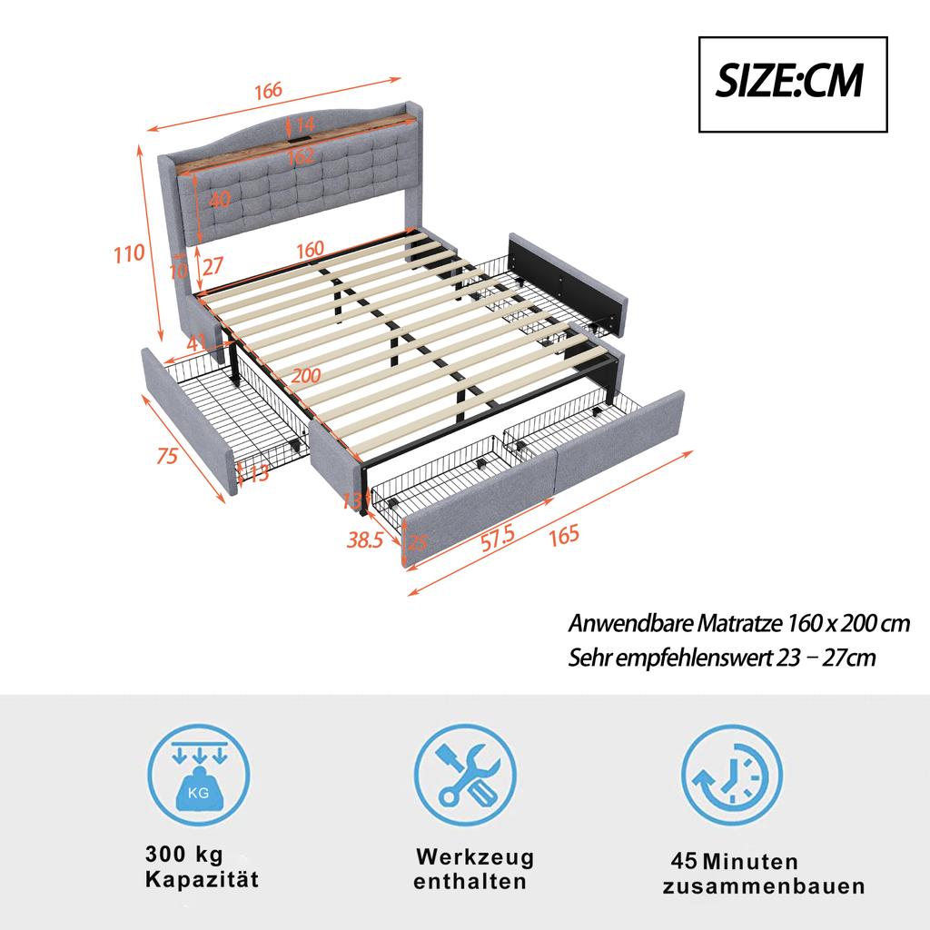 Cama Estofada 160*200 cm, Mesa de Cabeceira com Porta de Carregamento USB e Prateleira, Cama de Casal Plana com 4 Gavetas, Tecido de Linho Cinza
