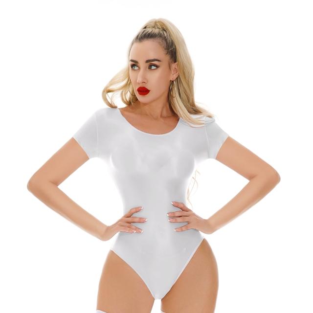 Sexy Women High Cut Bodysuit Sheer See Through Oil Glossy Shiny Elastic Tights Thong Yoga Leotard Maid Dance Wear