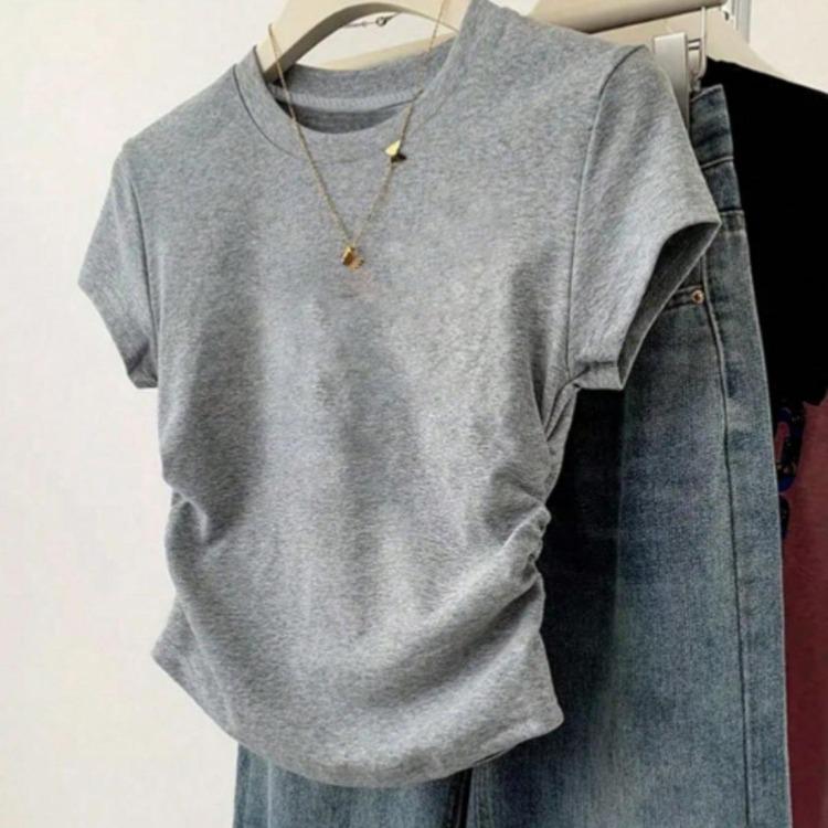 Korean Version Summer T-shirt Slim Fit Plus Size Waist Cinching Top New Shoulder Short Sleeved Slimming Effect Versatile Chubby