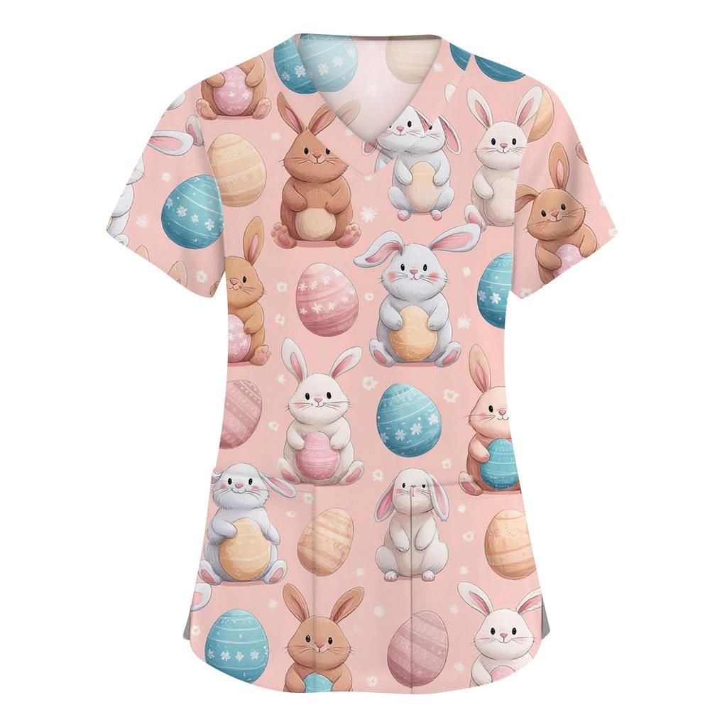 Women's Fashion V-neck Short Sleeve Workwear With Pockets Printed Tops