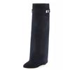 Elegant High Heel Mid-Calf Boots with Metal Buckles for Formal Banquets, Stylish Riding Boots for Women, Chunky Heel Dress Boots