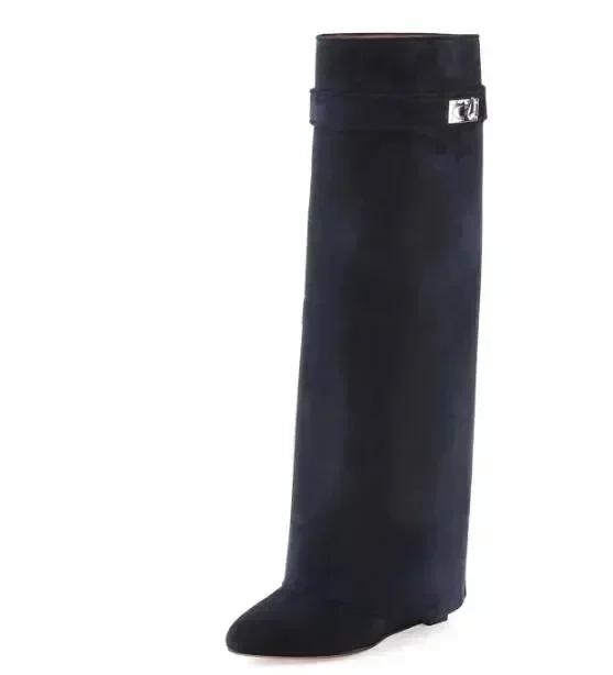 Elegant High Heel Mid-Calf Boots with Metal Buckles for Formal Banquets, Stylish Riding Boots for Women, Chunky Heel Dress Boots