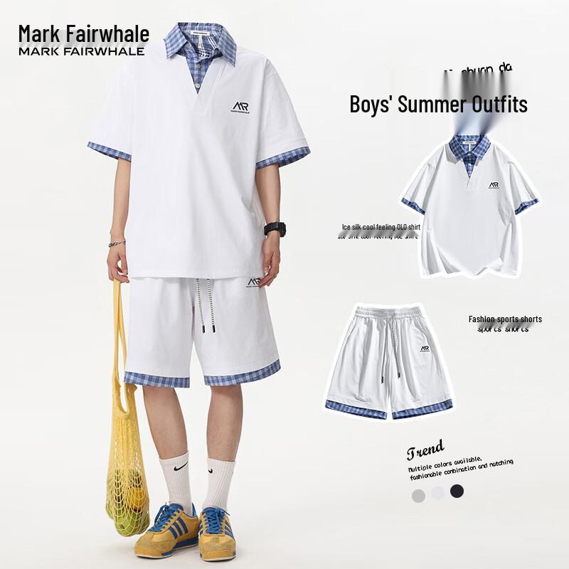 Mark Fairwhale Men s Plaid Patchwork Polo Shorts Set 2XL