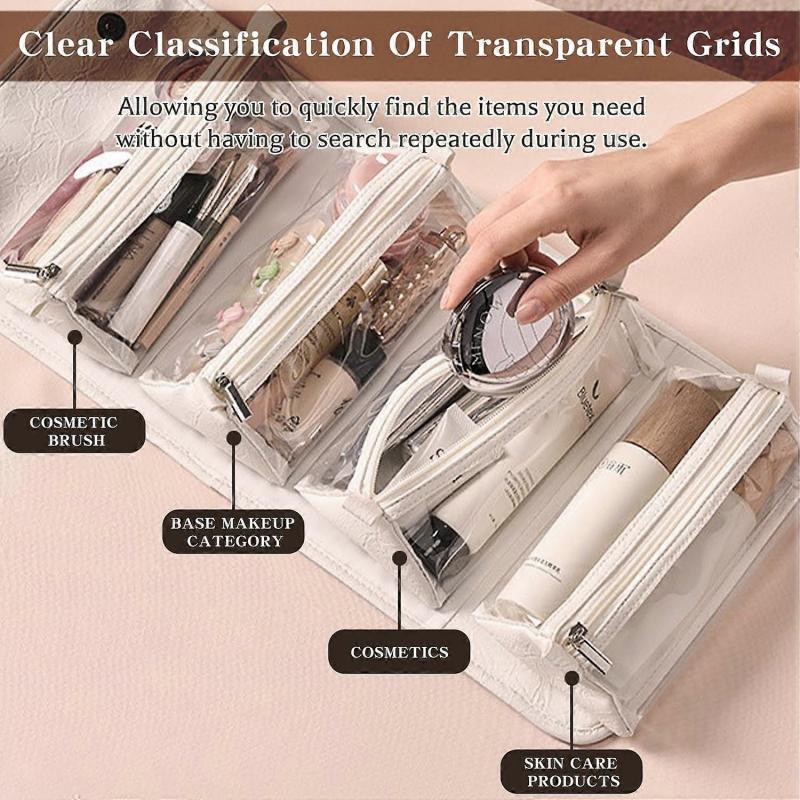 Folding Leather Waterproof Cosmetic Bag, Roll Up Travel Makeup Bag with 4 Detachable Clear Compartment Large Capacity Cosmetic Bags for Women