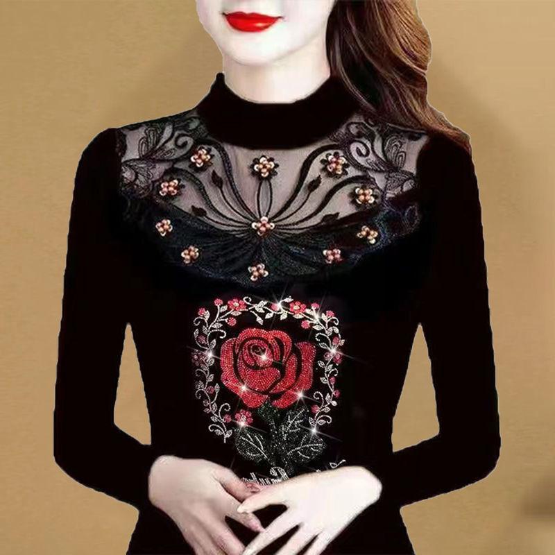 Vintage Women Fleece Diamonds Black Slim T-Shirt Autumn Winter Patchwork Lace Hollow Out Half High Neck Casual Long Sleeve Tops