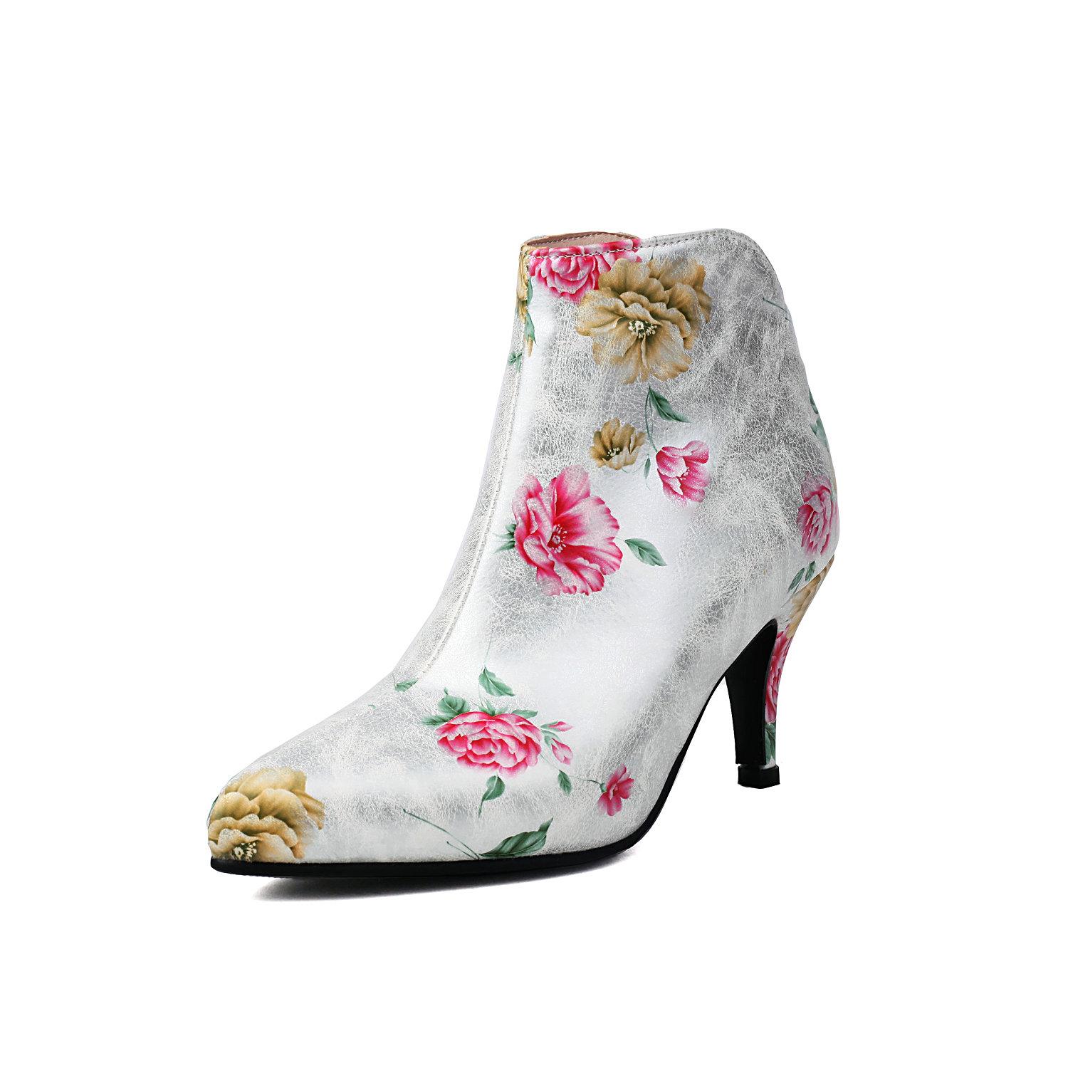 

Лаконичные женские ботильоны с цветочным принтом, на каблуке, обувь из ПУ, с острым носком, обувь 2024 осень-зима, новинка 48 белый