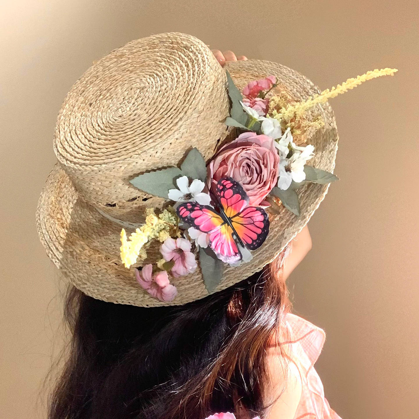 Garden Supplies My Women's Butterfly Floral Raffia Straw Hat Wide-Brimmed Straw Hat For Beach Sun Hat French Elegant Wedding Flat Hat 56-58Cm