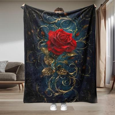 Red Roses and Golden Leaf Pattern Flannel Printed Blanket Suitable for All Seasons Suitable for Living Room Office Sofa Travel