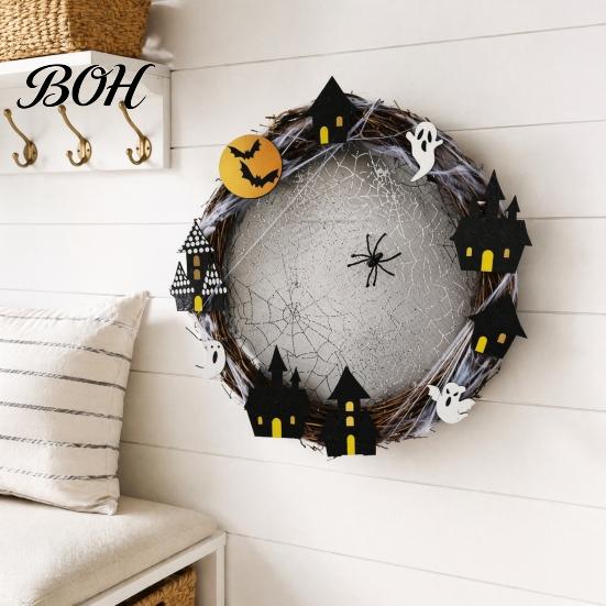 Holiday Festival Pendant Halloween Spider Web Wreath, Spooky Vine Branch Wreath with Ghost Castle Autumn Yard Arrangement Bat for Front Door,