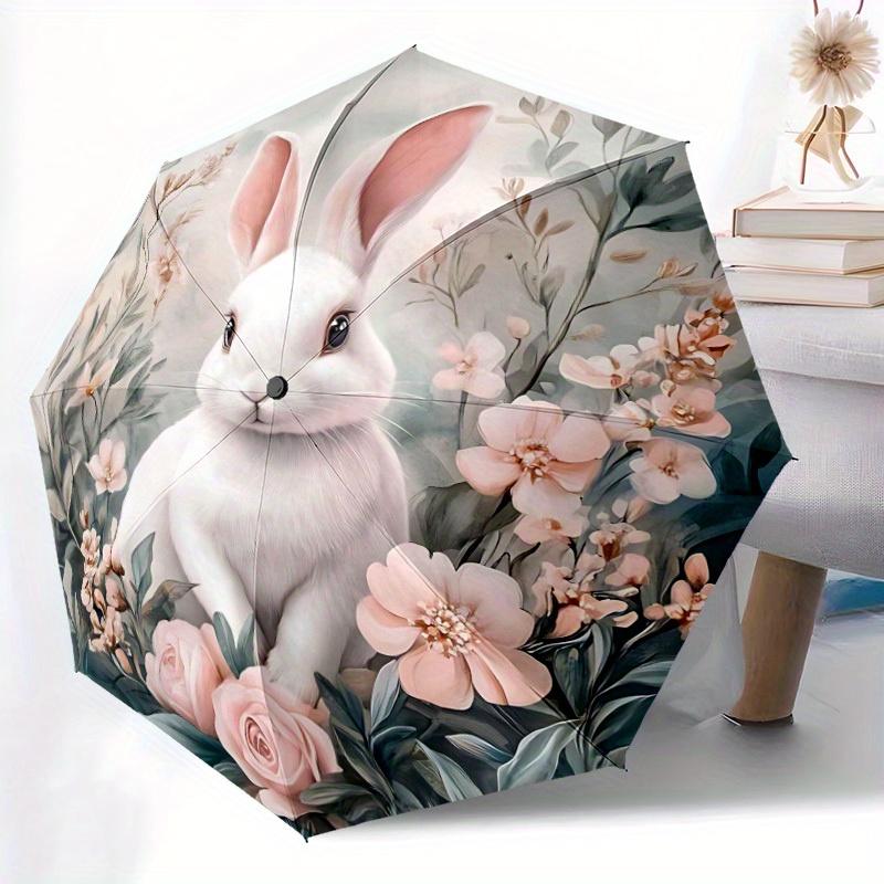 1pc Bunny Floral Automatic Folding Umbrella, 8-Rib Sturdy Canopy, Portable Travel Umbrella for Outdoor Use
