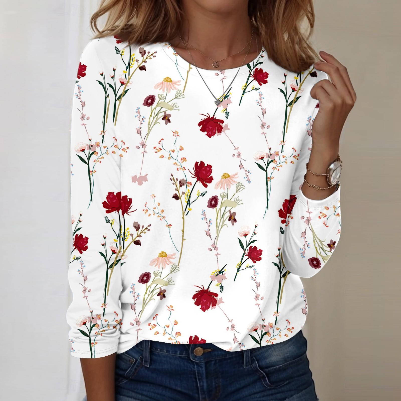 

Рубашки с длинным рукавом для женщин, милые футболки с графическим принтом, блузки, повседневные базовые топы больших размеров, пуловеры XL красный