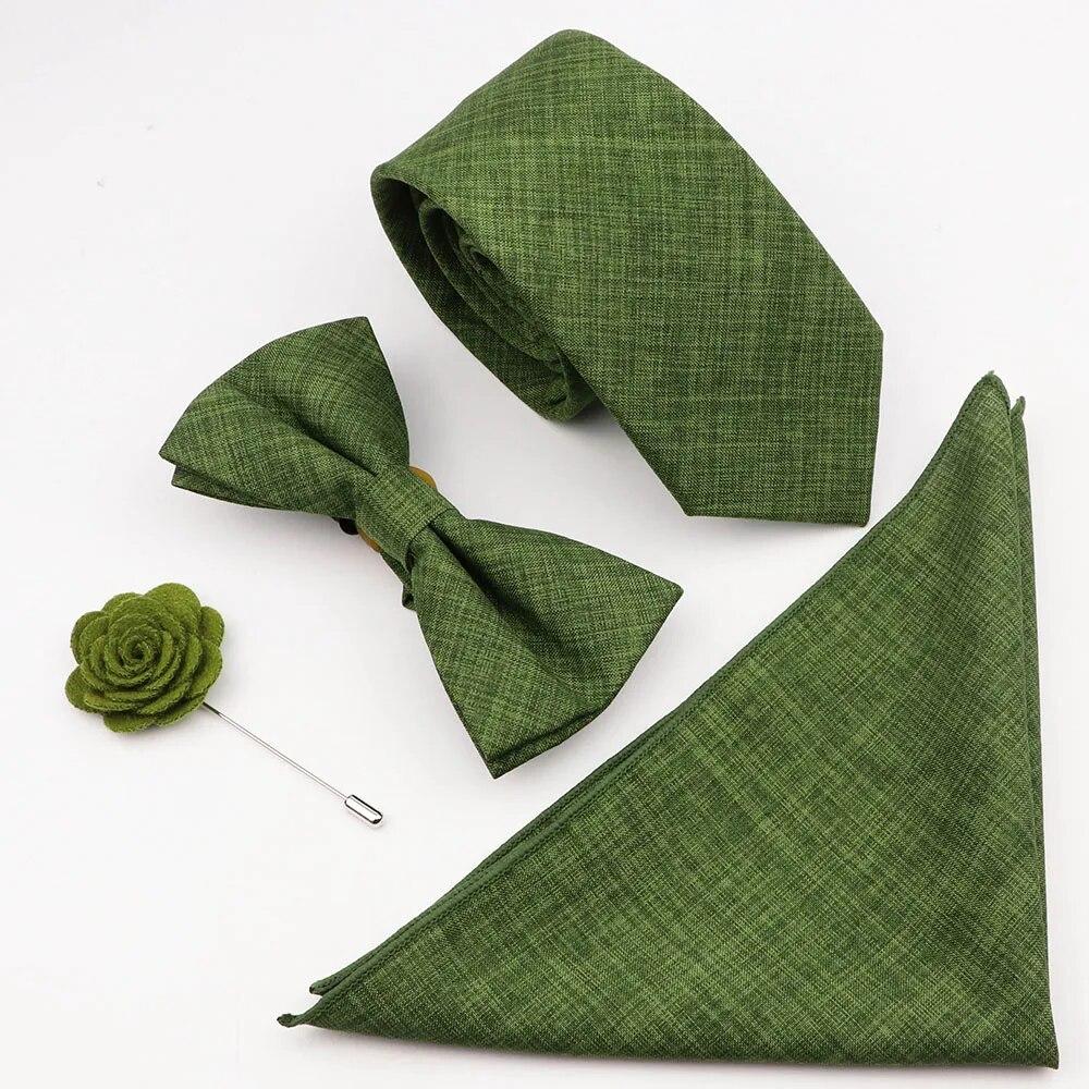 Sada 4ks kravat, Pánské, Šalvějová zelená, Motýlek na kravatu z bavlny, Brož na manžetové knoflíčky, K obleku pro ženicha, Svatba,