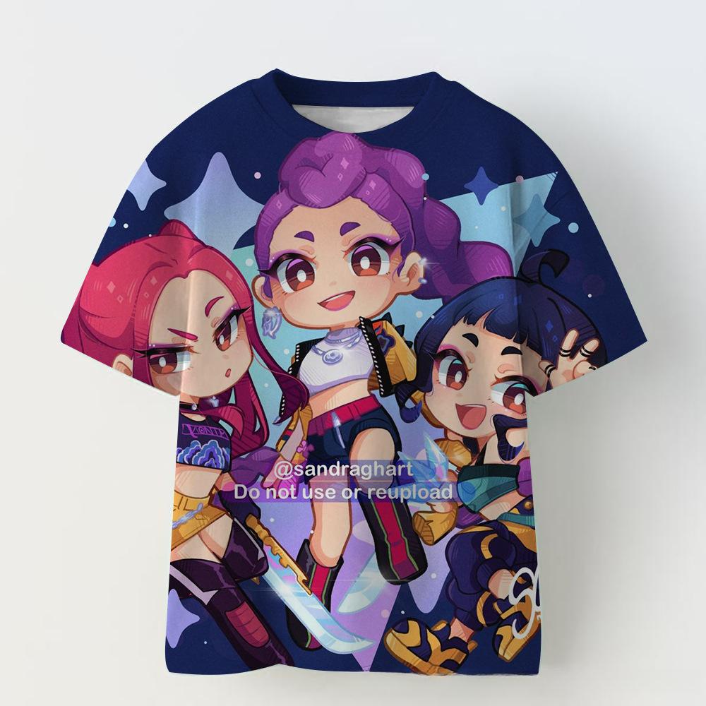 KPOP Demon Slayer Collaboration 3D Digital Print Summer Girls' Casual Fashion Round Neck Short Sleeve T-Shirt Parent-Child Outfit