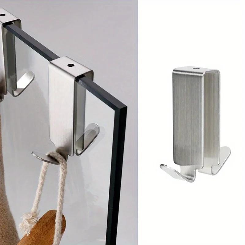 1pc/4pcs Stainless Steel Double Side HooksBathroom Hook Over Glass Door Shower Towel Rack for Glass Wall or Glass Door