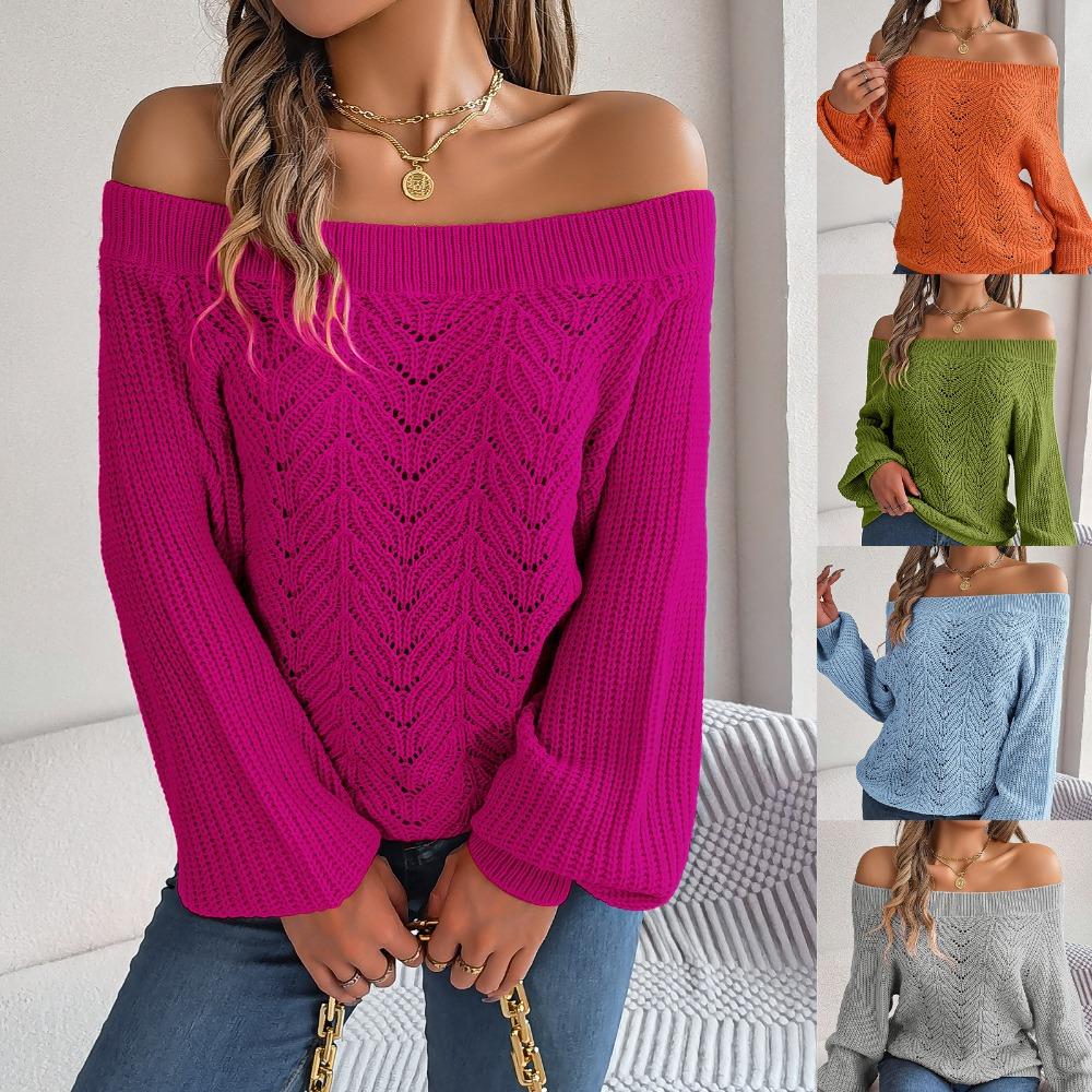 Autumn and Winter Casual Solid Color Hollow One-neck Off-shoulder Lantern Sleeve Sweater