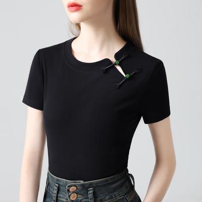 New Chinese Style Button Tops for Women's New Style Light Chinese Style Retro Cherry Red Short-sleeved T-shirt for Women