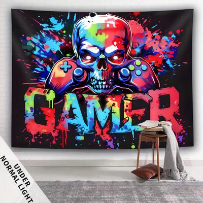 VIKAMA Colorful Skull Gamer Tapestry with Game Controller Graffiti for Bedroom Living Room Decor Aesthetic Edgy Gaming Wall Art