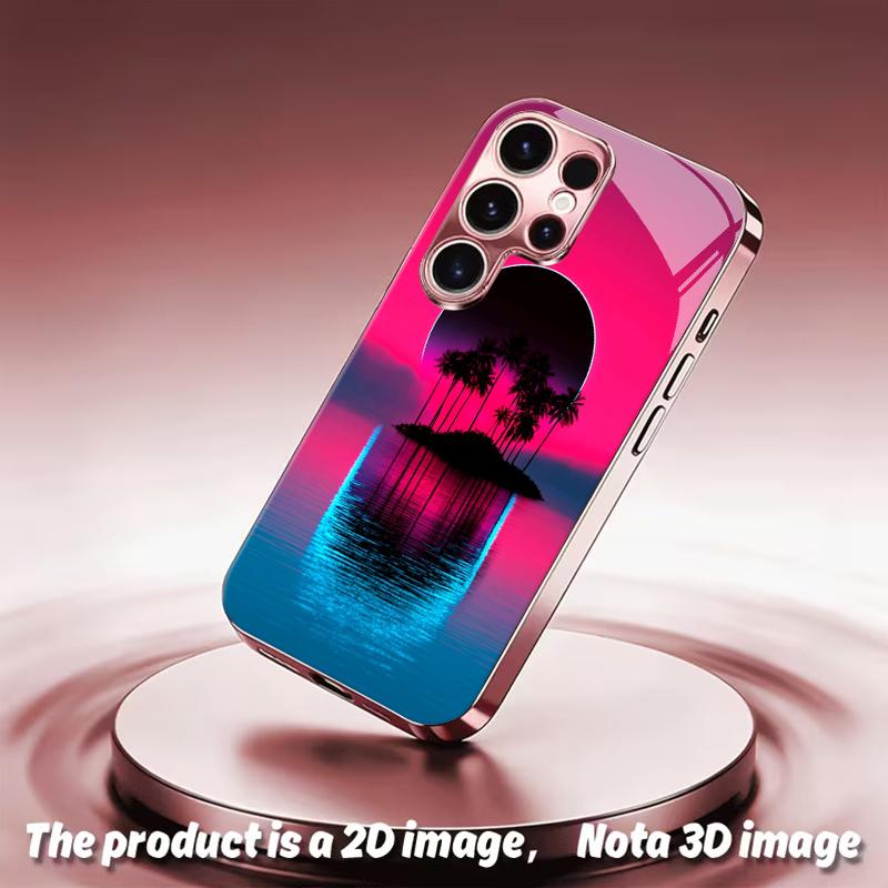 2DFlat Samsung electroplated tempered glass phone case,Neon Sunset IslandSuitable for Galaxy S26 S23 S24FE S25ULTRA S22 S21