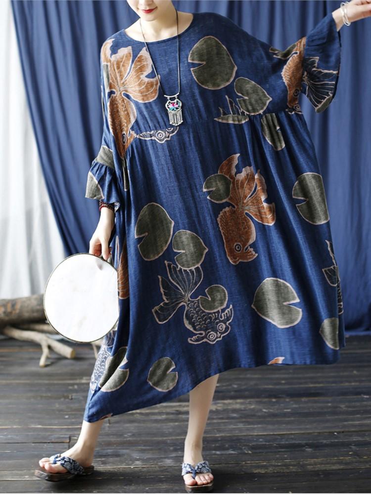 Johnature Women Flare Sleeve Spring Dress Print Floral Loose Robes O-Neck Seven Sleeve Cotton Blend Women Vintage Dress