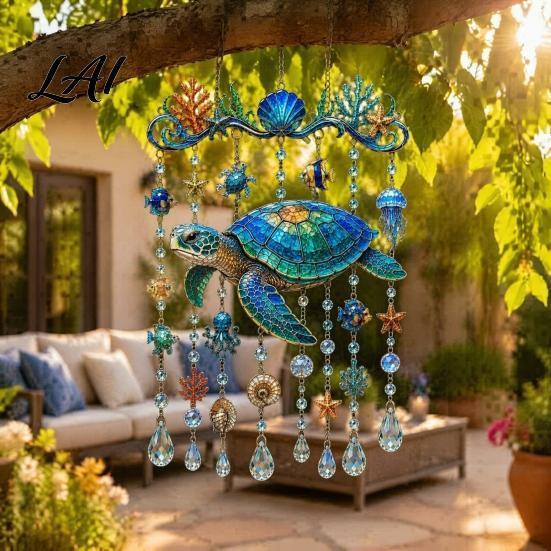 Balcony Hanging Decor Ocean-Themed Wind Chime Decoration Animal Sun Catcher with Faux Crystal Drops Tropical Fish Garden Decoration Stained