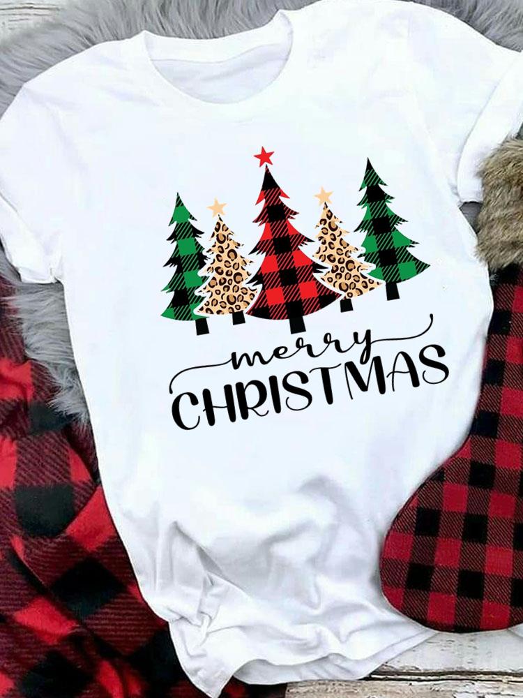 (Asian Size) Plaid Tree Style Cute Merry Christmas Tee Top Festival   New Year Holiday Casual  Lady Short Sleeve Fashion Women Print Graphic T-shirts